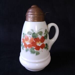 Antique Vintage Milk Glass Hand Painted Syrup Pitcher Jug Floral w/ Metal Lid